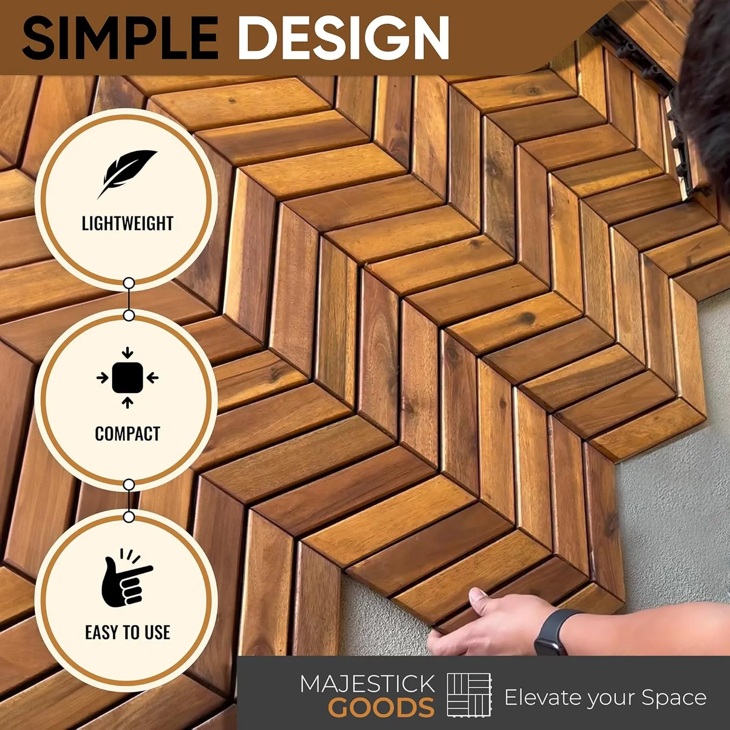 Interlocking Deck Tiles Herringbone 4 Pack Edge Tile - Non-Slip Acacia Wood Outdoor Tiles for Patio - Decking, Porch and Balcony Flooring Tiles - Easy to Install Wooden Deck Tile Pavers (Edges)
