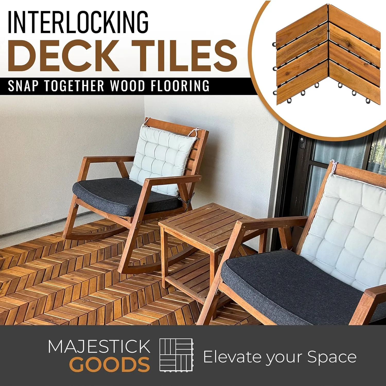 Interlocking Deck Tiles Herringbone 4 Pack Edge Tile - Non-Slip Acacia Wood Outdoor Tiles for Patio - Decking, Porch and Balcony Flooring Tiles - Easy to Install Wooden Deck Tile Pavers (Edges)