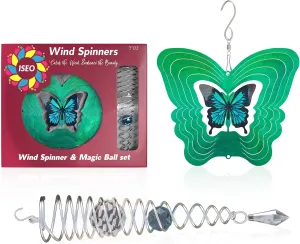 ISEO Butterfly Wind Spinner for Yard and Garden with Gazing Ball Set, Hanging Outdoor Decor, Yard Art, Porch and Patio Decorations, Metal Wind Spinners Outdoor, Weather Resistant, 6.5”
