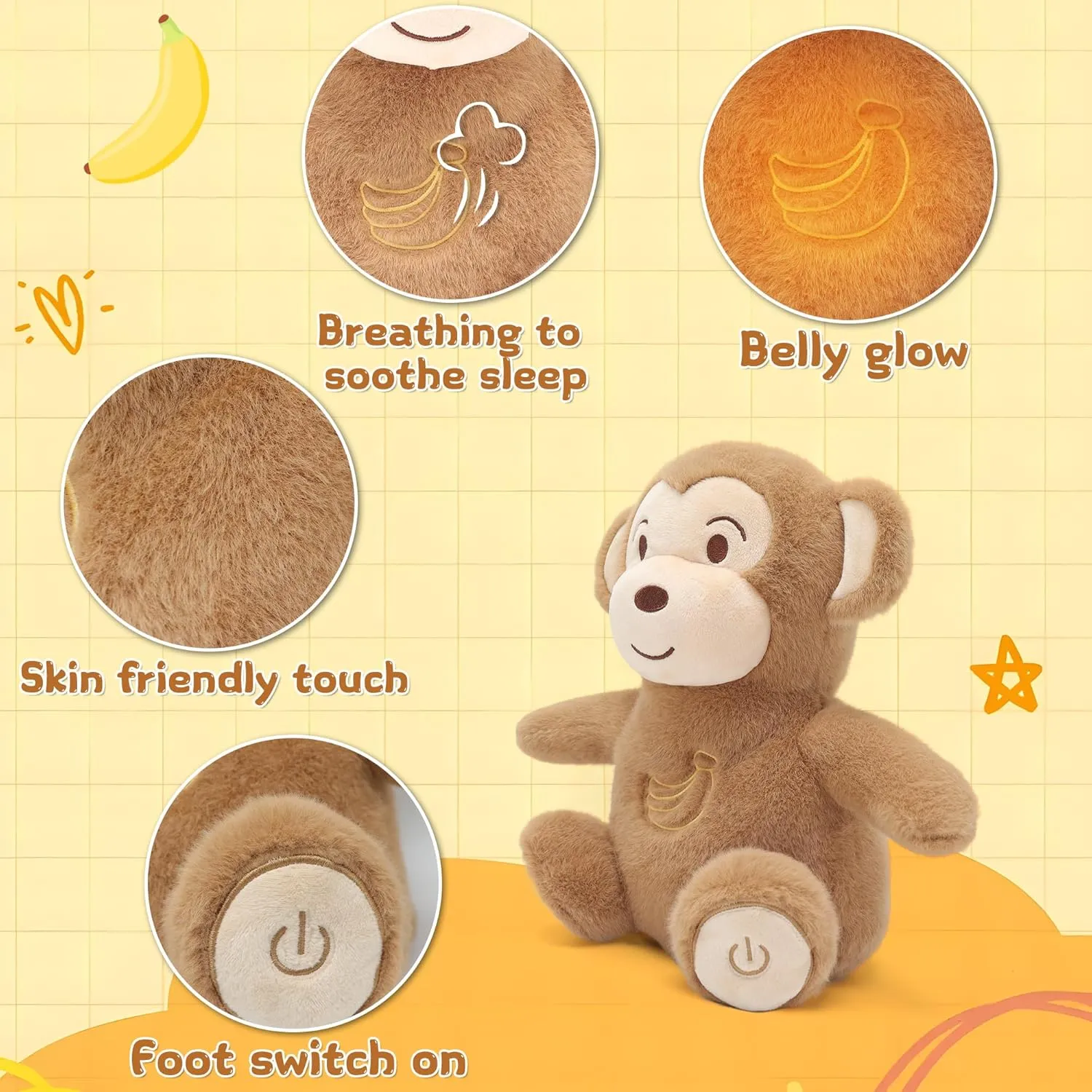 IUTOYYE Breathing Monkey Stuffed Animal Plush Toy Soothing Plushy with Realistic Breathing Motion, Calming Music, Gentle Lights (Monkey)