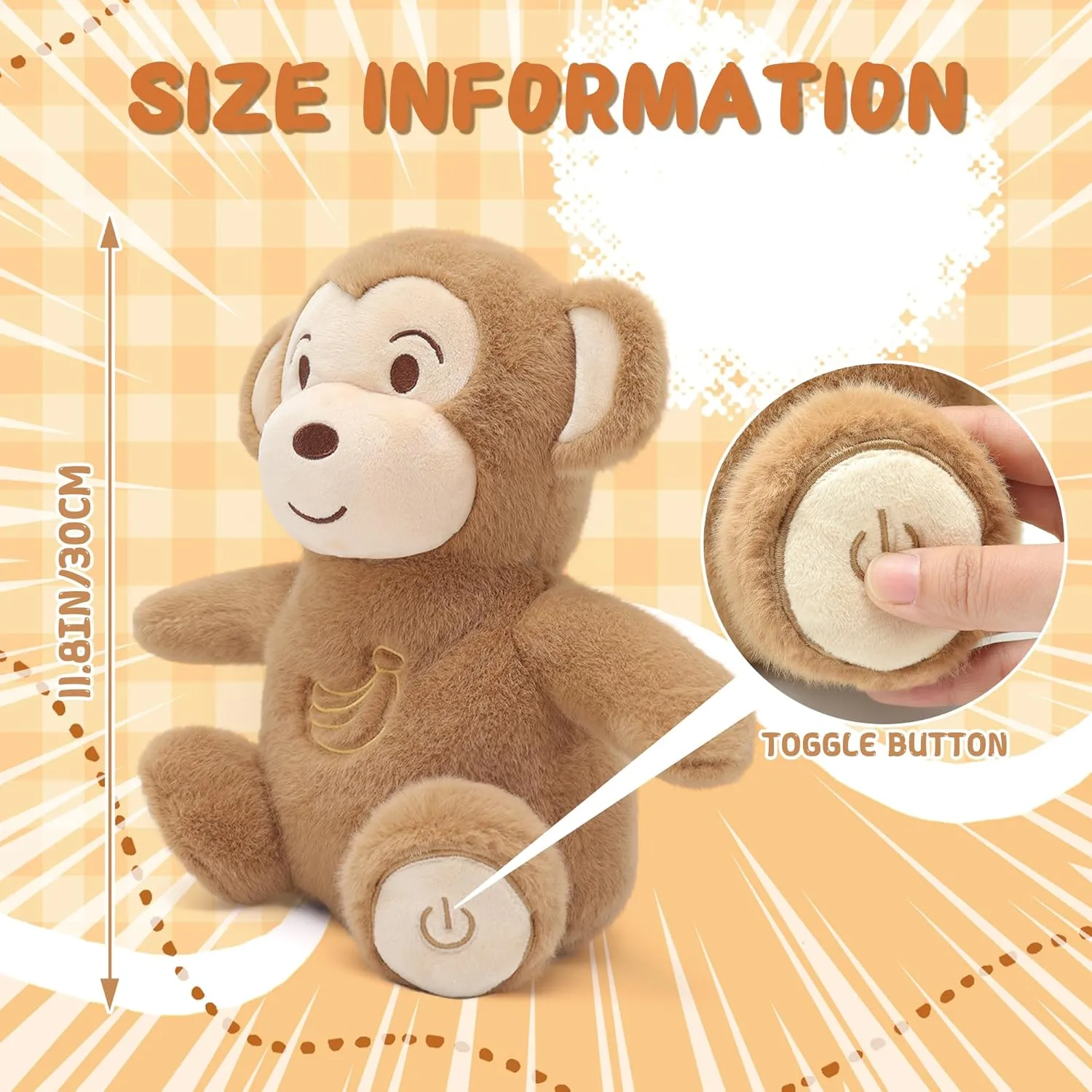 IUTOYYE Breathing Monkey Stuffed Animal Plush Toy Soothing Plushy with Realistic Breathing Motion, Calming Music, Gentle Lights (Monkey)