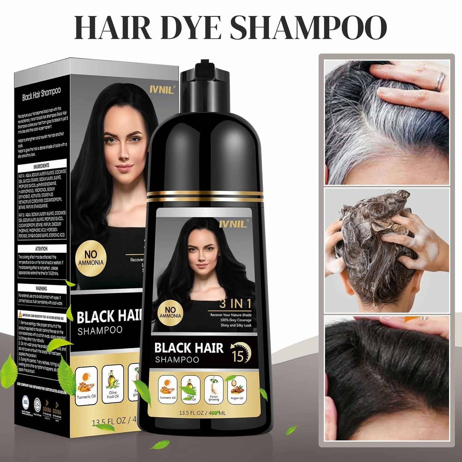 Ivnil Black Hair Dye Shampoo 3 in 1 for gray coverage champu para canas herbal color for women and men 400ML