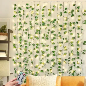 JACKYLED 84Ft 12 Pack Artificial Ivy Garland Fake Plants with 240 LED Curtain Lights USB Plug in/Battery Operated, 8 Modes Fairy String Light with Remote Control, for Bedroom Wall Decorations