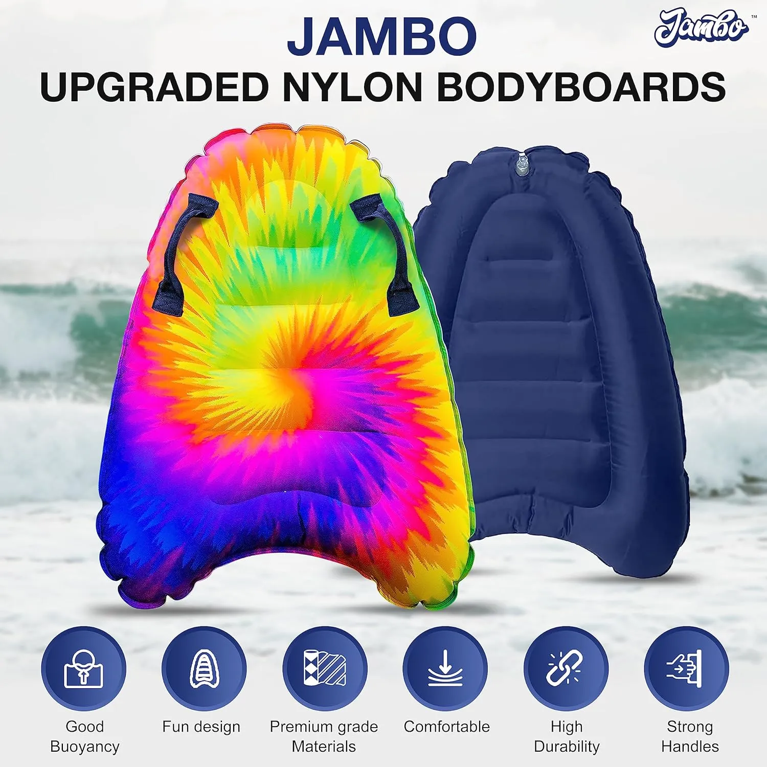 JAMBO 2 Pack Inflatable Surf Body Boards with Handles for Water Slides, Boogie Boards for Beach, Pool, Lake & Slip Slides, Lightweight Floating Water Toys for Kids & Adults