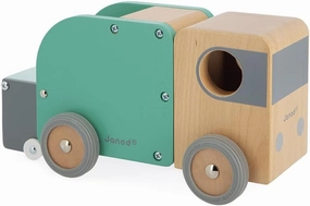 Janod - Bolid Solid Wood Recycling Truck - Magnetic Bin Included - Silent Wheels - Imagination and Fine Motor Skills - Water-Based Paints - 2 Years   J04633, Green
