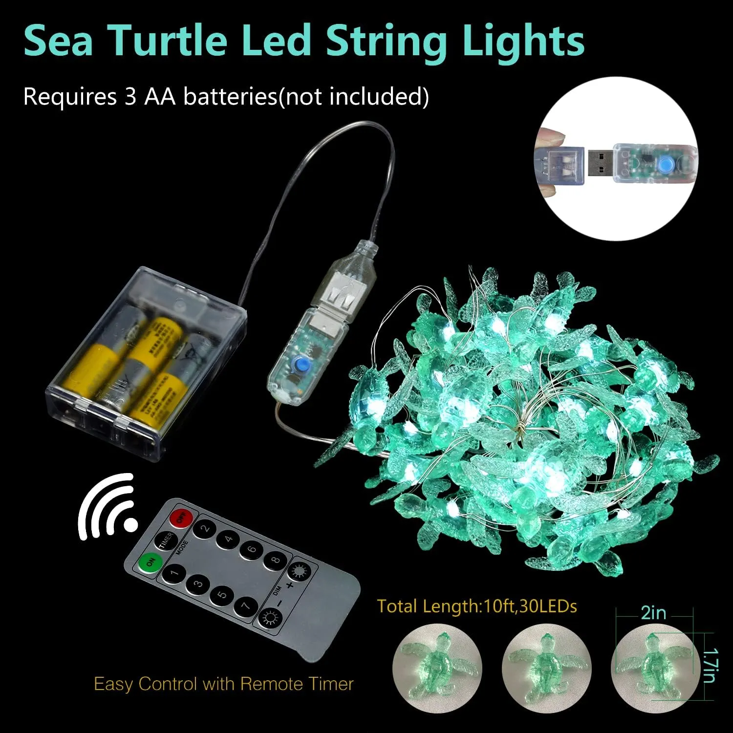 JASHIKA Beach Theme -Cute Green Sea Turtle String Lights- Ocean Fairy Decorative Lights- 10ft 30 LEDs -USB Powered -Multi-Function- Remote Control-Christmas -House Party- Bathroom -Baby Shower Decor