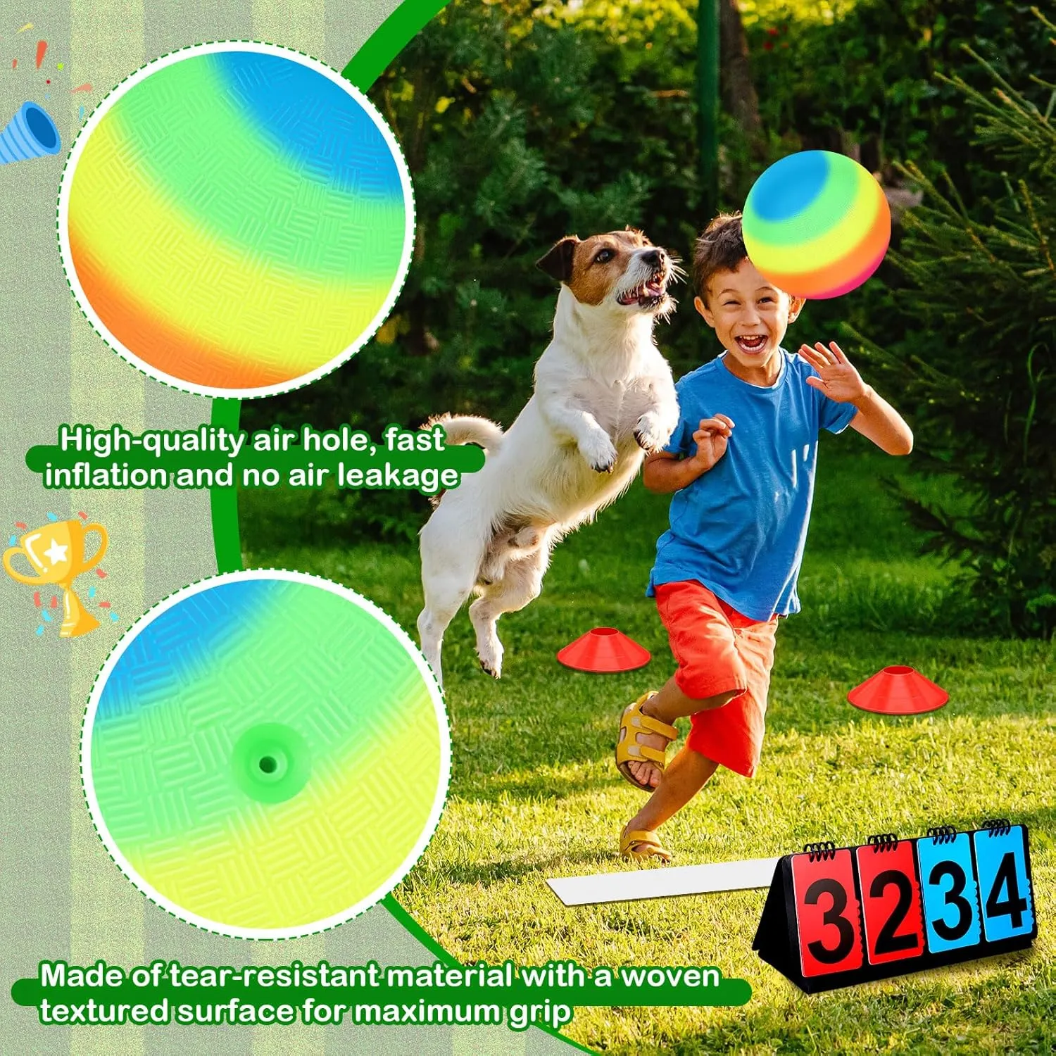Jenaai 18 Pcs Sports Kickball Set Includes Playground Ball 5 Rubber Throw Down Bases Ball Pump Scoreboard Net Bag 10 Foul Line Cones for Adults Playground Backyard Game(9 Inch,Rainbow)