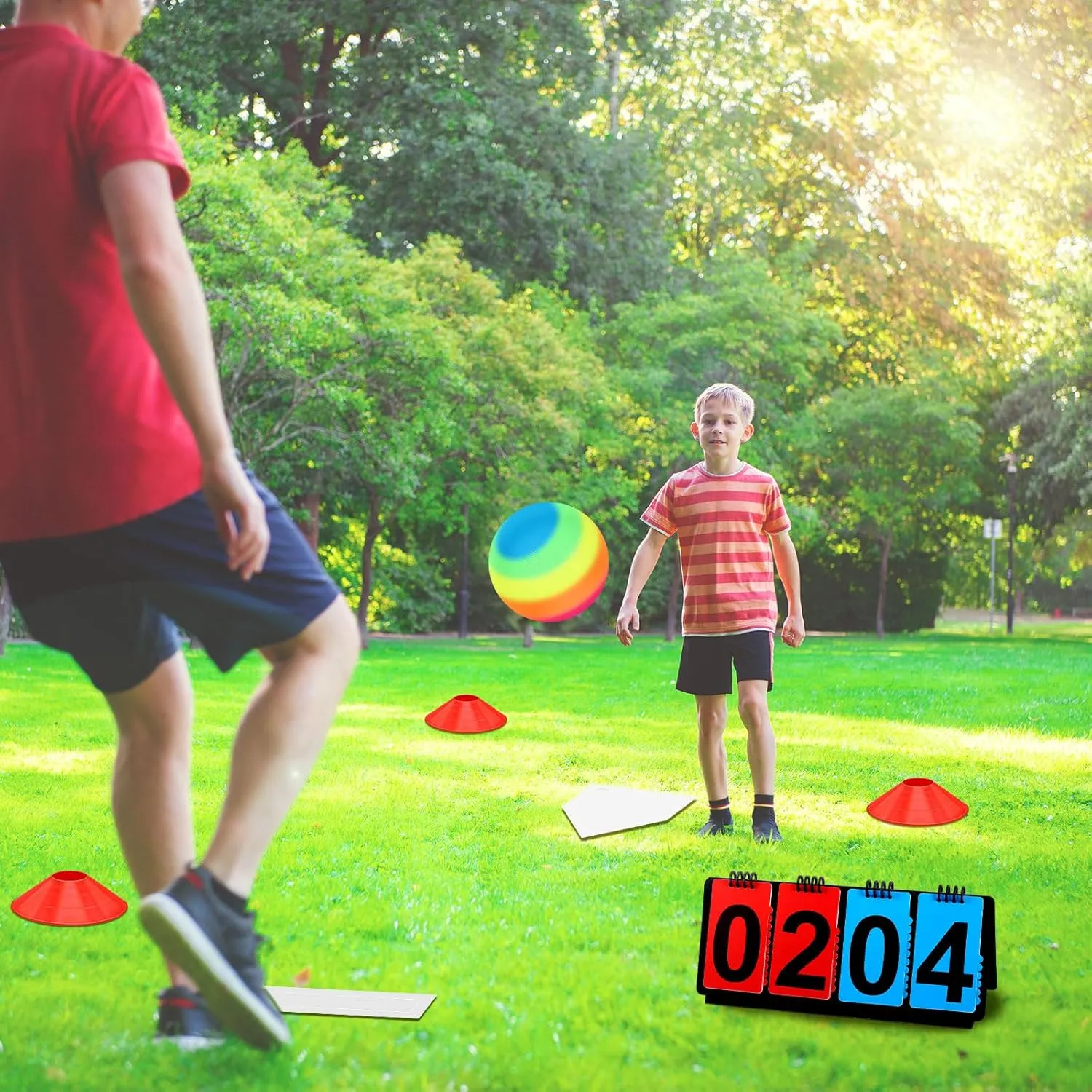 Jenaai 18 Pcs Sports Kickball Set Includes Playground Ball 5 Rubber Throw Down Bases Ball Pump Scoreboard Net Bag 10 Foul Line Cones for Adults Playground Backyard Game(9 Inch,Rainbow)