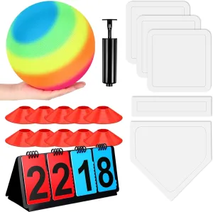 Jenaai 18 Pcs Sports Kickball Set Includes Playground Ball 5 Rubber Throw Down Bases Ball Pump Scoreboard Net Bag 10 Foul Line Cones for Adults Playground Backyard Game(9 Inch,Rainbow)