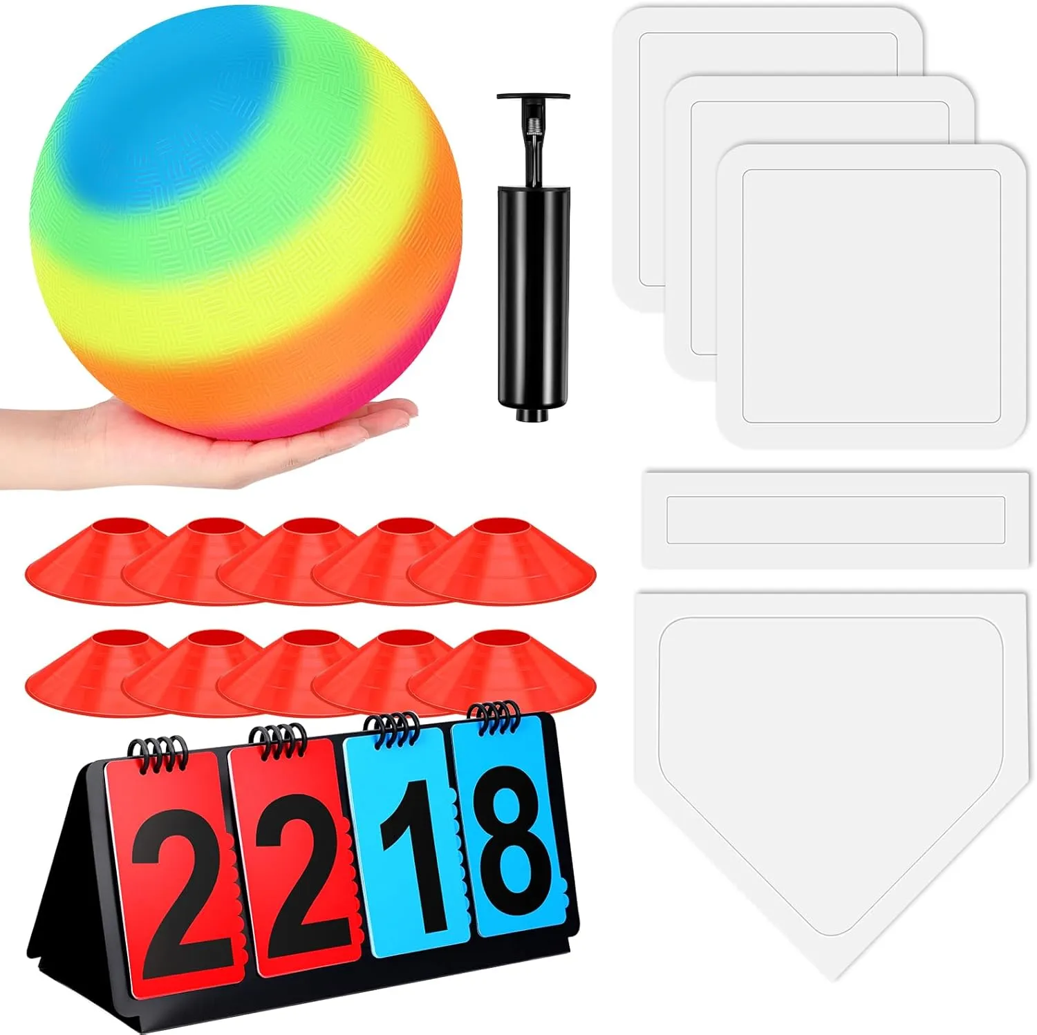 Jenaai 18 Pcs Sports Kickball Set Includes Playground Ball 5 Rubber Throw Down Bases Ball Pump Scoreboard Net Bag 10 Foul Line Cones for Adults Playground Backyard Game(9 Inch,Rainbow)