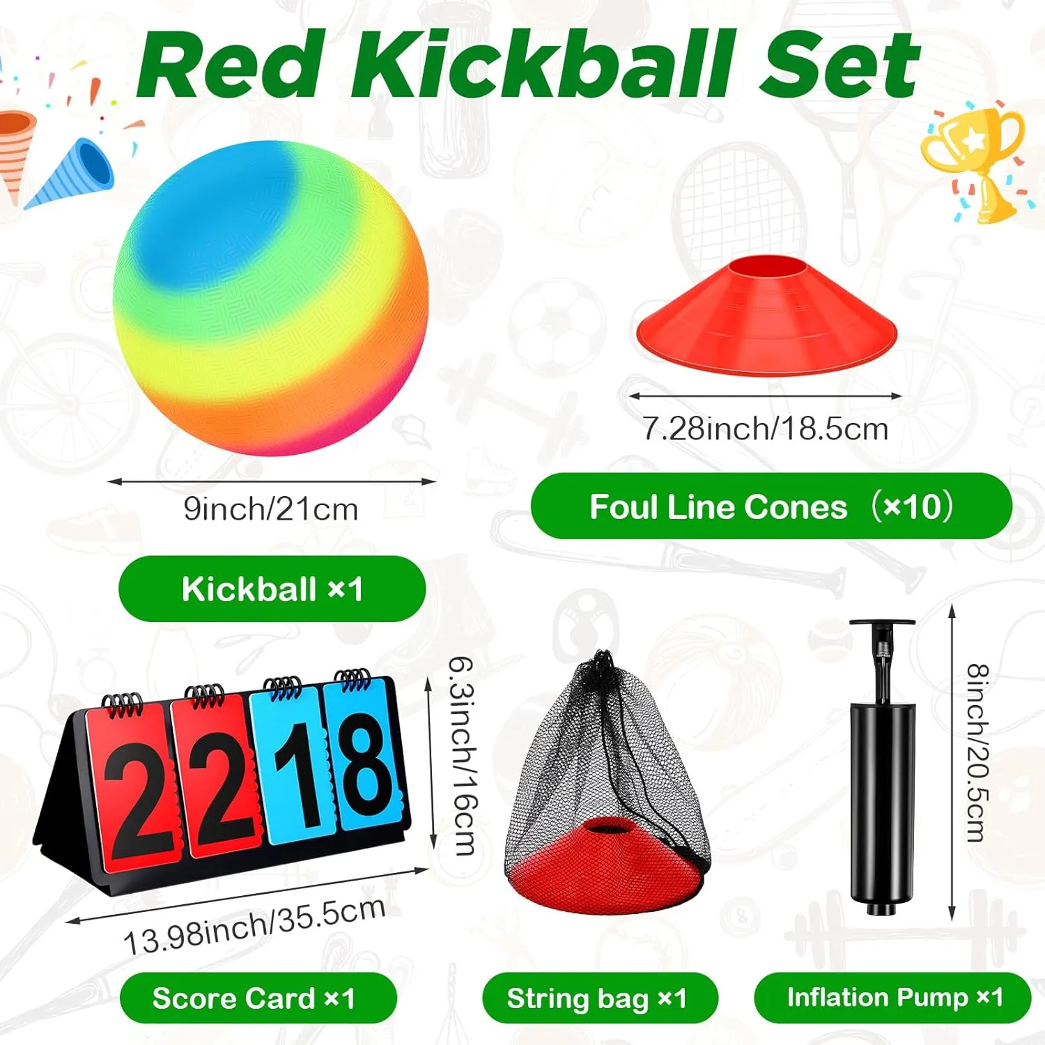 Jenaai 18 Pcs Sports Kickball Set Includes Playground Ball 5 Rubber Throw Down Bases Ball Pump Scoreboard Net Bag 10 Foul Line Cones for Adults Playground Backyard Game(9 Inch,Rainbow)