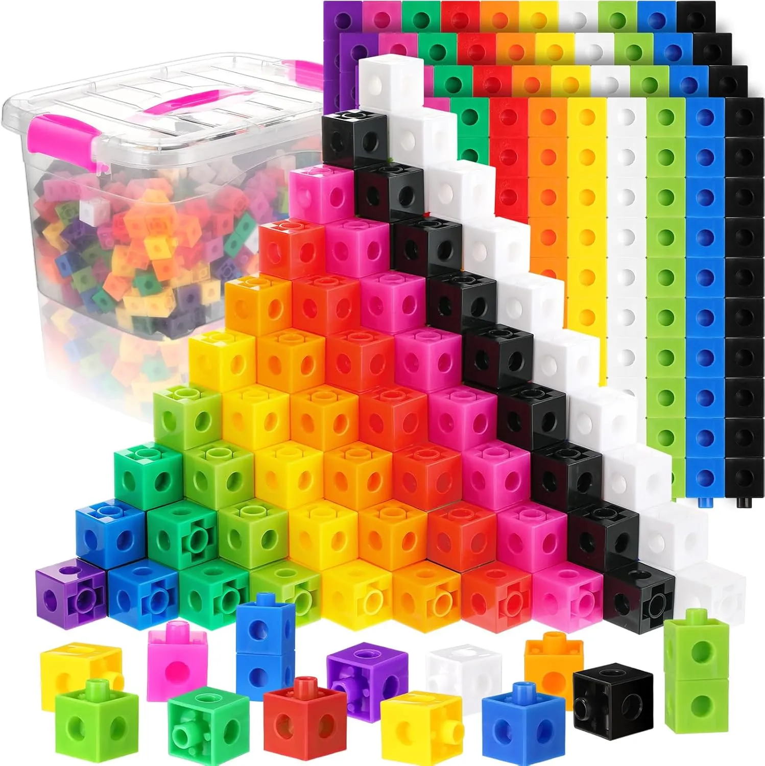 Jenaai 500 Pcs Math Learning Linking Cube with Storage Container Counting Cubes, Colorful Plastic Counting Blocks, Manipulatives Classroom Learning Supplies for Educational(Pink)