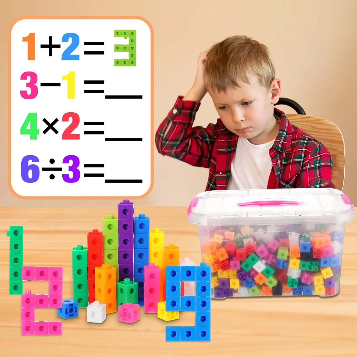 Jenaai 500 Pcs Math Learning Linking Cube with Storage Container Counting Cubes, Colorful Plastic Counting Blocks, Manipulatives Classroom Learning Supplies for Educational(Pink)