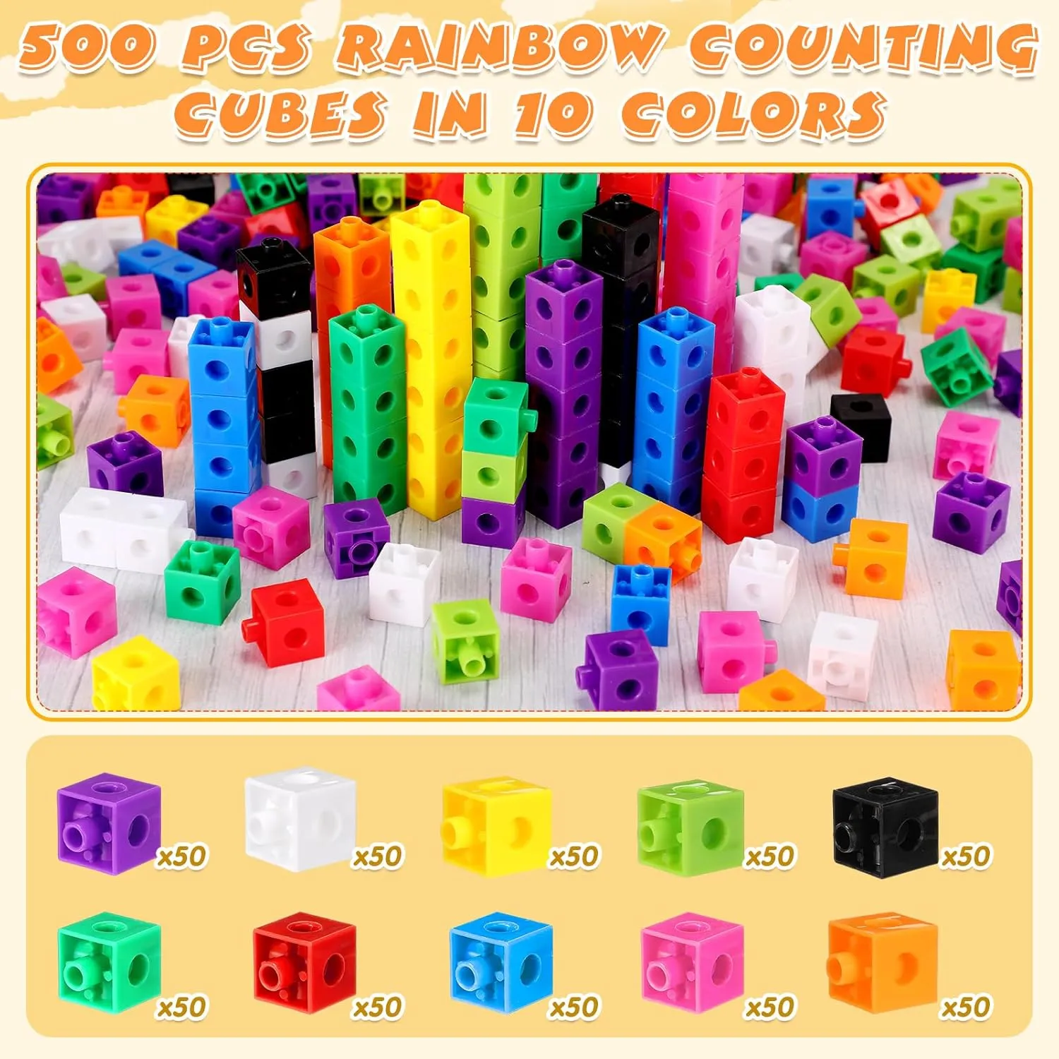 Jenaai 500 Pcs Math Learning Linking Cube with Storage Container Counting Cubes, Colorful Plastic Counting Blocks, Manipulatives Classroom Learning Supplies for Educational(Pink)