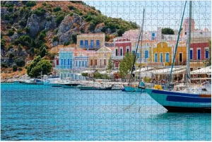 Jigsaw Puzzles 1000 Pieces for Adult Wonderful View Colorful Houses Rocks Sailing Boats deep Blue Puzzle Game for Family Wooden Puzzle Toy Educational Games Puzzles for Home Decor