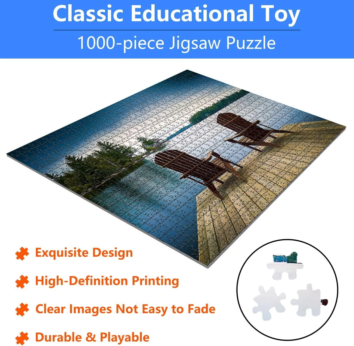 Jigsaw Puzzles 1000 Pieces for Adult Wood Muskoka Chairs Lake Deck Puzzle Game for Family Wooden Puzzle Toy Educational Games Puzzles for Home Decor