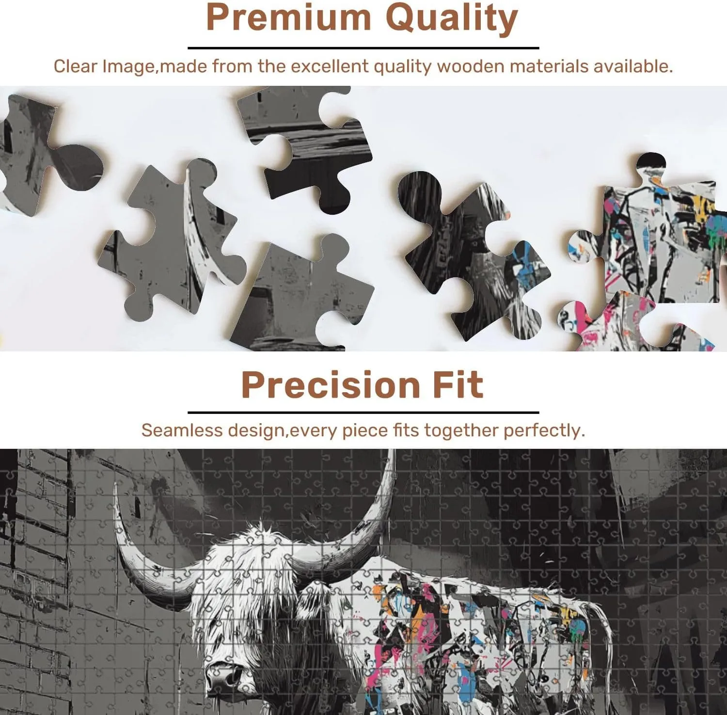 Jigsaw Puzzles 500 Pieces for Adult Abstract Highland Cow Urban Space Graffiti Details Puzzle Game for Family Wooden Puzzle Toy Educational Games Puzzles for Home Decor