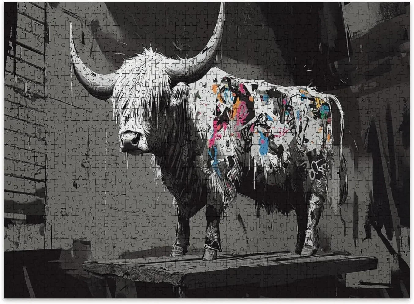 Jigsaw Puzzles 500 Pieces for Adult Abstract Highland Cow Urban Space Graffiti Details Puzzle Game for Family Wooden Puzzle Toy Educational Games Puzzles for Home Decor