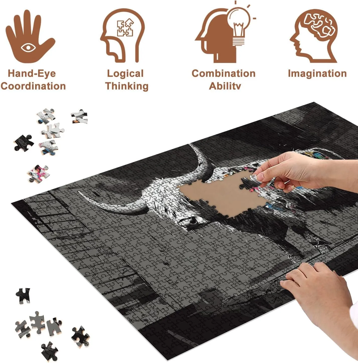 Jigsaw Puzzles 500 Pieces for Adult Abstract Highland Cow Urban Space Graffiti Details Puzzle Game for Family Wooden Puzzle Toy Educational Games Puzzles for Home Decor