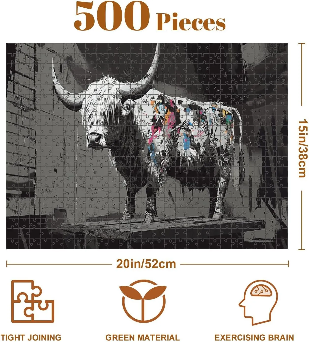 Jigsaw Puzzles 500 Pieces for Adult Abstract Highland Cow Urban Space Graffiti Details Puzzle Game for Family Wooden Puzzle Toy Educational Games Puzzles for Home Decor