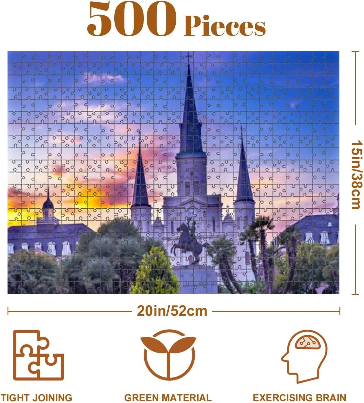 Jigsaw Puzzles 500 Pieces for Adult Andrew Jackson Statue Saint Louis Cathedral New Orleans Puzzle Game for Family Wooden Puzzle Toy Educational Games Puzzles for Home Decor