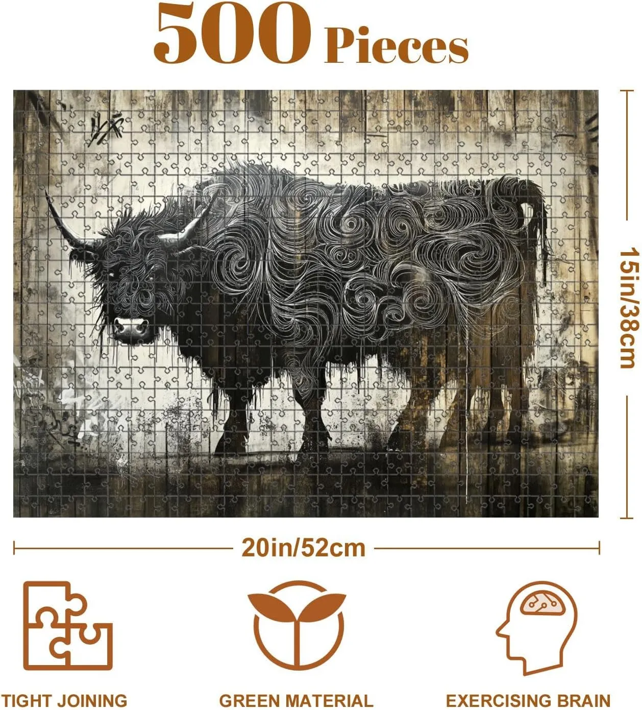 Jigsaw Puzzles 500 Pieces for Adult Black White Graffiti Cow Mural Rustic Barn Wall Puzzle Game for Family Wooden Puzzle Toy Educational Games Puzzles for Home Decor