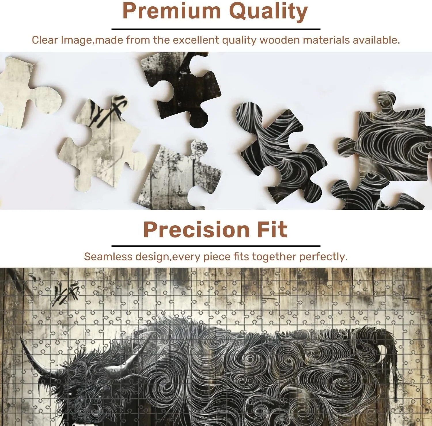 Jigsaw Puzzles 500 Pieces for Adult Black White Graffiti Cow Mural Rustic Barn Wall Puzzle Game for Family Wooden Puzzle Toy Educational Games Puzzles for Home Decor