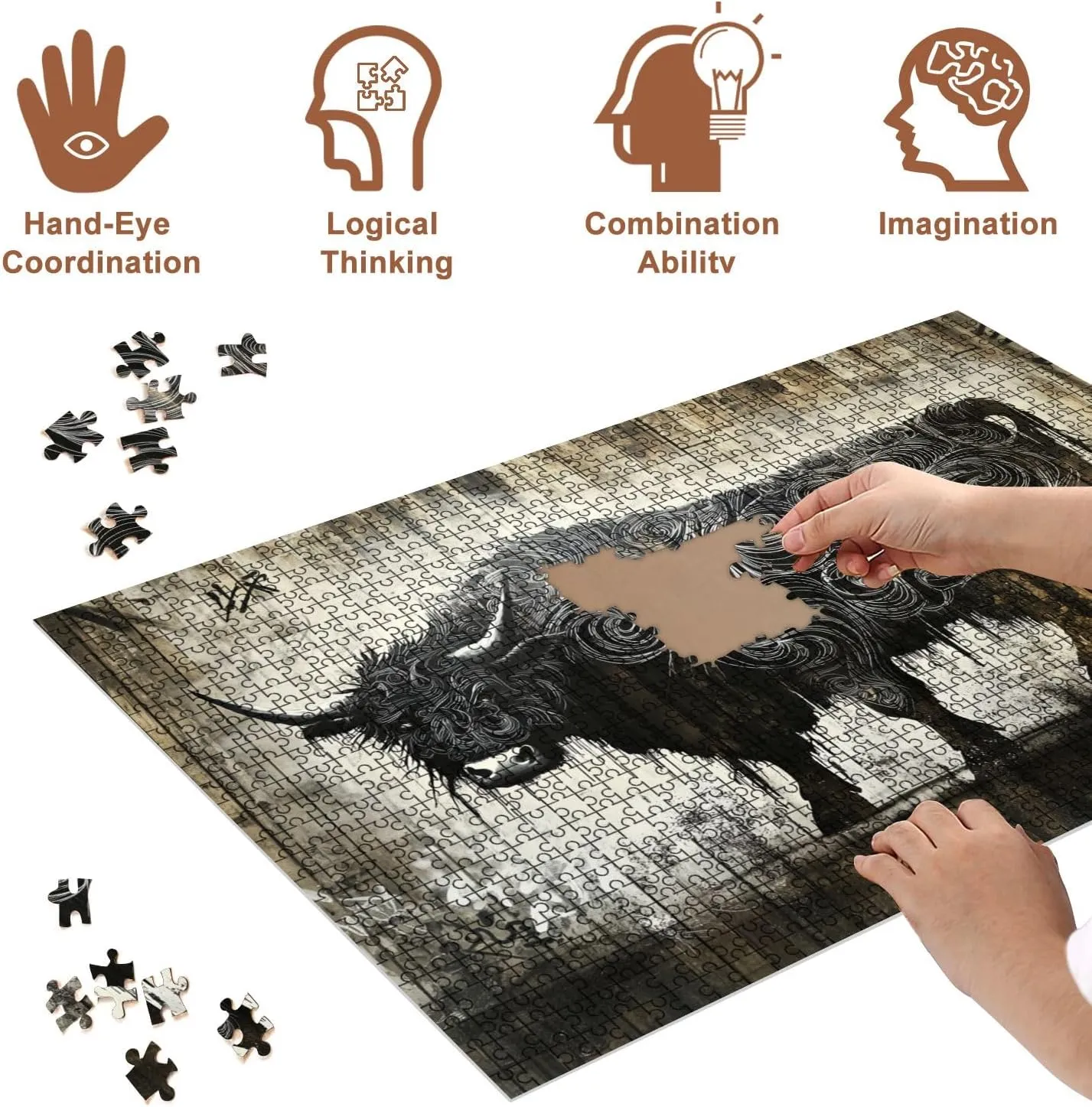 Jigsaw Puzzles 500 Pieces for Adult Black White Graffiti Cow Mural Rustic Barn Wall Puzzle Game for Family Wooden Puzzle Toy Educational Games Puzzles for Home Decor