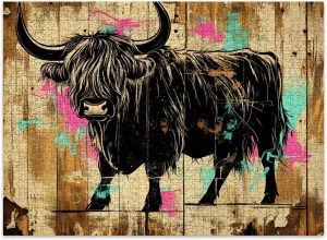 Jigsaw Puzzles 500 Pieces for Adult Bold Black White Highland Cow Graffiti Art Weathered Wood Puzzle Game for Family Wooden Puzzle Toy Educational Games Puzzles for Home Decor