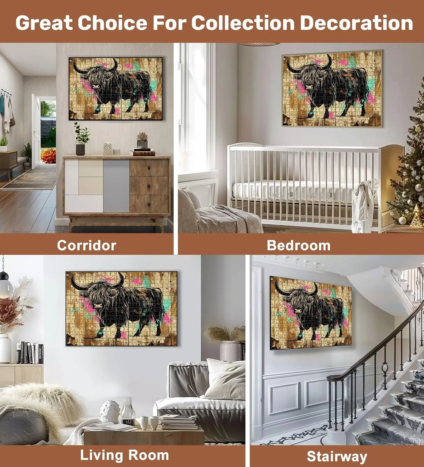 Jigsaw Puzzles 500 Pieces for Adult Bold Black White Highland Cow Graffiti Art Weathered Wood Puzzle Game for Family Wooden Puzzle Toy Educational Games Puzzles for Home Decor