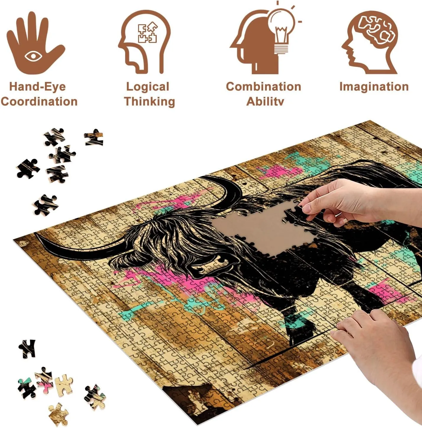 Jigsaw Puzzles 500 Pieces for Adult Bold Black White Highland Cow Graffiti Art Weathered Wood Puzzle Game for Family Wooden Puzzle Toy Educational Games Puzzles for Home Decor