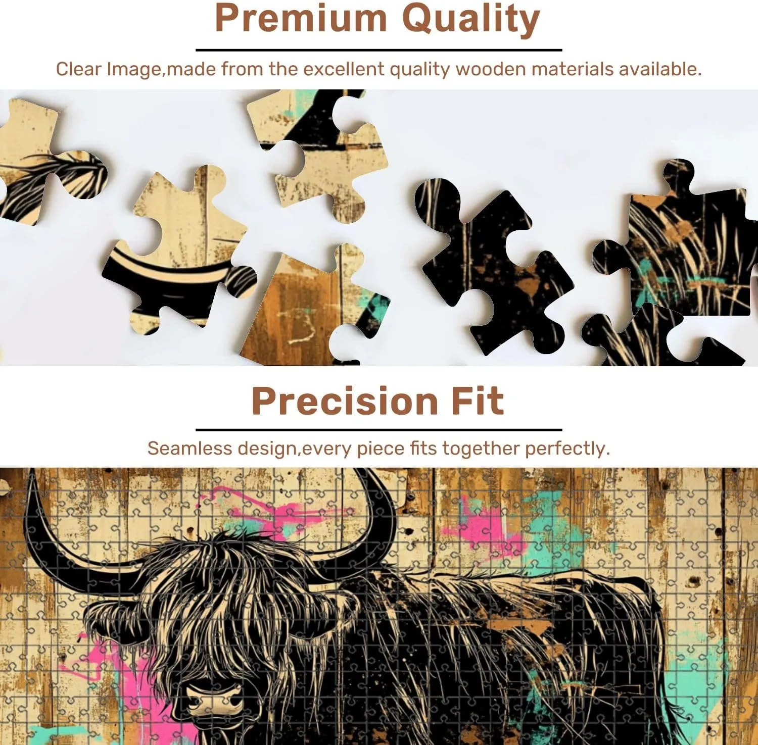 Jigsaw Puzzles 500 Pieces for Adult Bold Black White Highland Cow Graffiti Art Weathered Wood Puzzle Game for Family Wooden Puzzle Toy Educational Games Puzzles for Home Decor