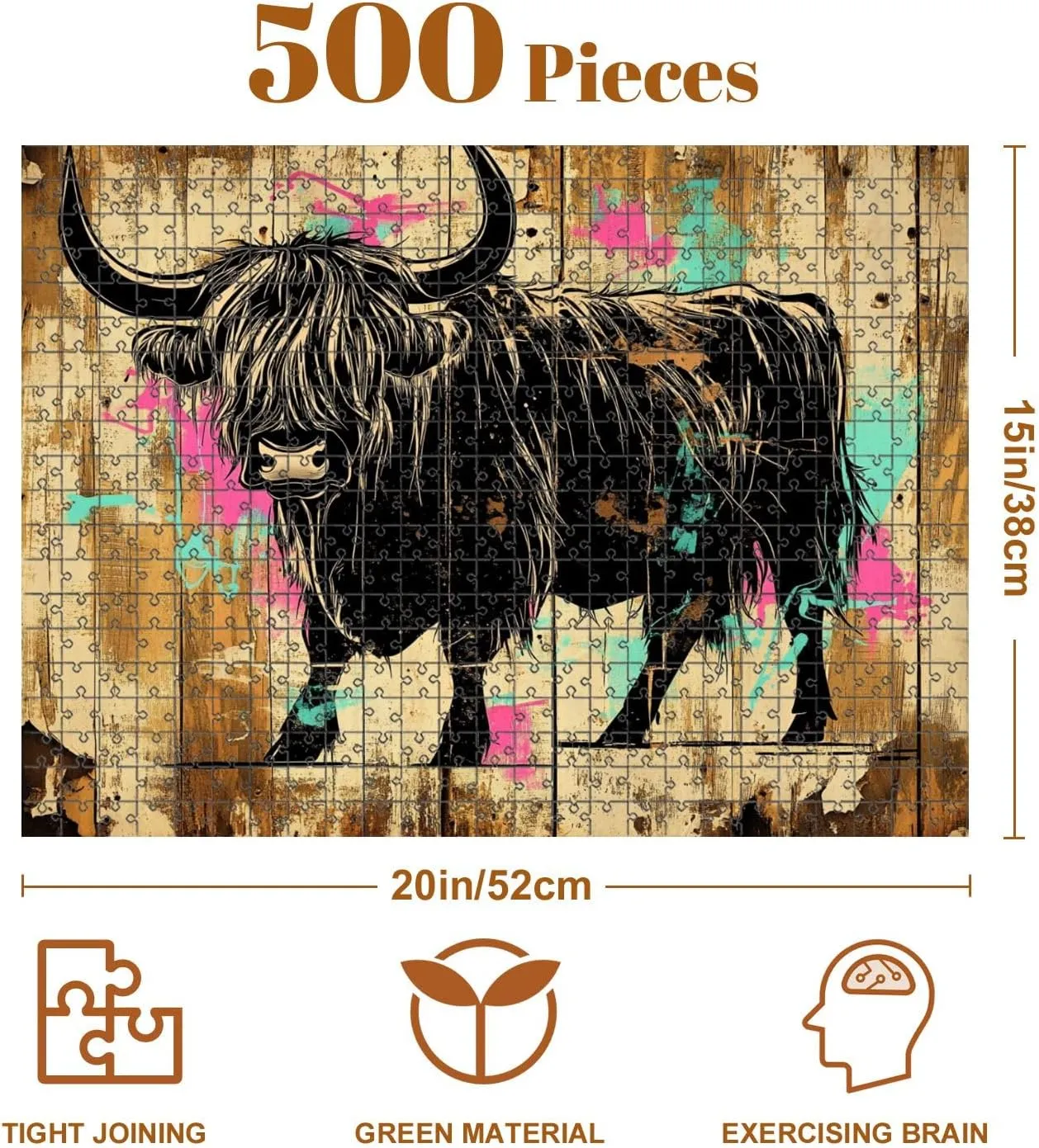 Jigsaw Puzzles 500 Pieces for Adult Bold Black White Highland Cow Graffiti Art Weathered Wood Puzzle Game for Family Wooden Puzzle Toy Educational Games Puzzles for Home Decor