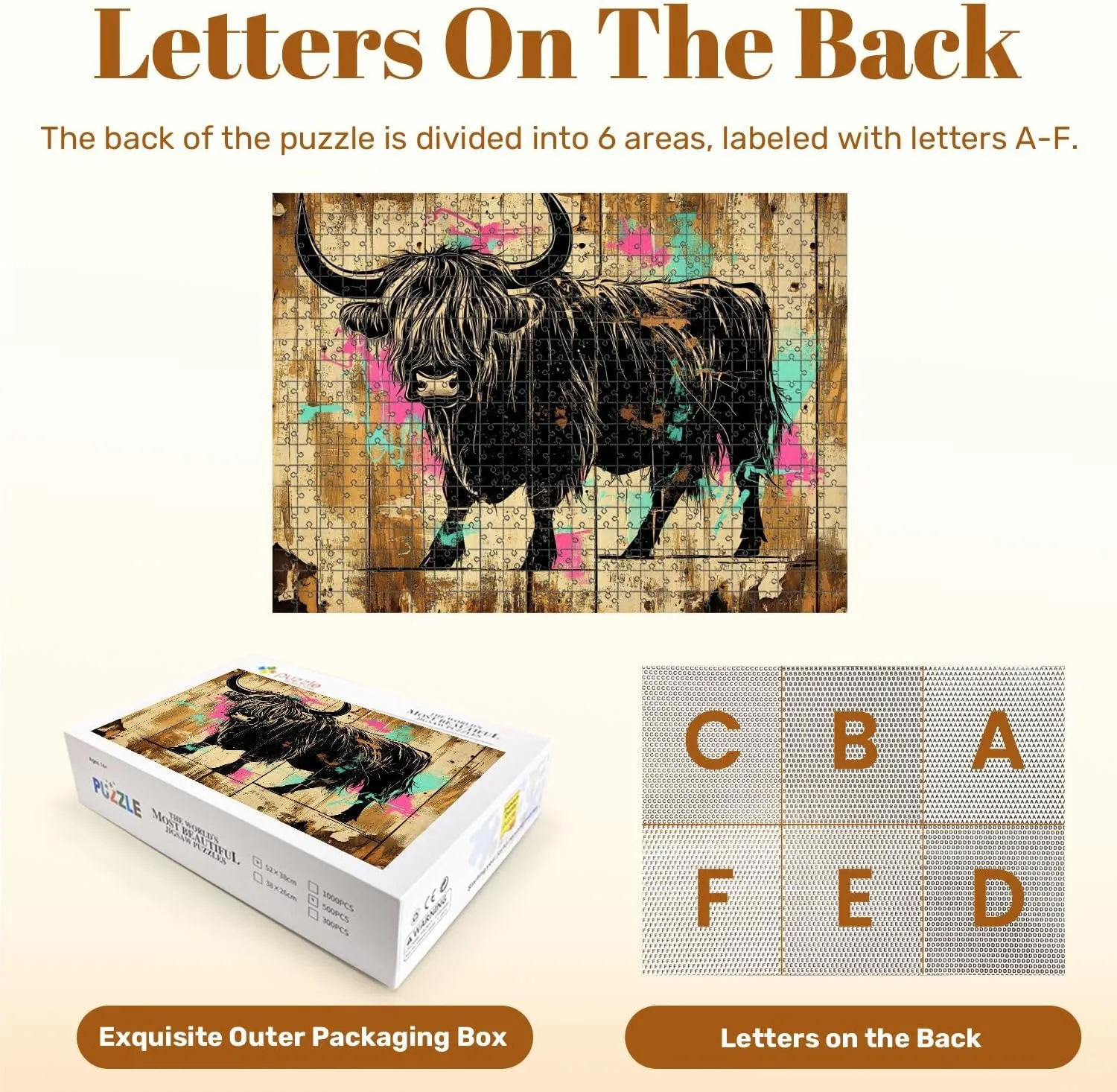 Jigsaw Puzzles 500 Pieces for Adult Bold Black White Highland Cow Graffiti Art Weathered Wood Puzzle Game for Family Wooden Puzzle Toy Educational Games Puzzles for Home Decor