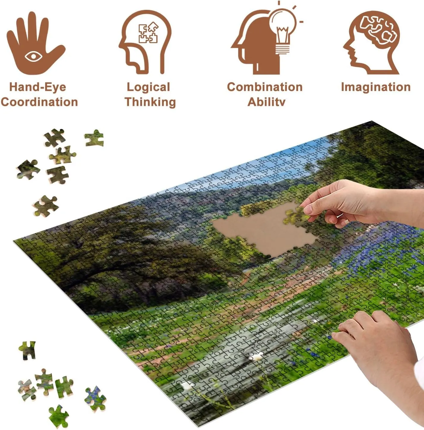 Jigsaw Puzzles 500 Pieces for Adult Creekside Bluebonnets Hills Puzzle Game for Family Wooden Puzzle Toy Educational Games Puzzles for Home Decor