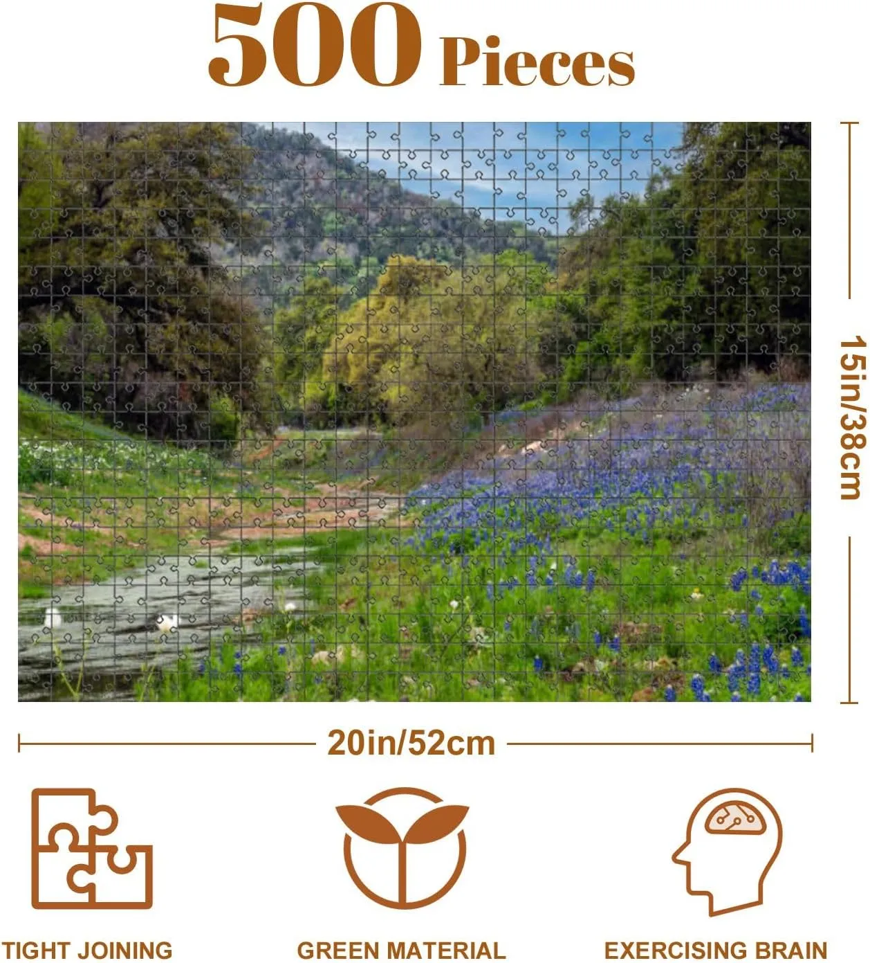 Jigsaw Puzzles 500 Pieces for Adult Creekside Bluebonnets Hills Puzzle Game for Family Wooden Puzzle Toy Educational Games Puzzles for Home Decor