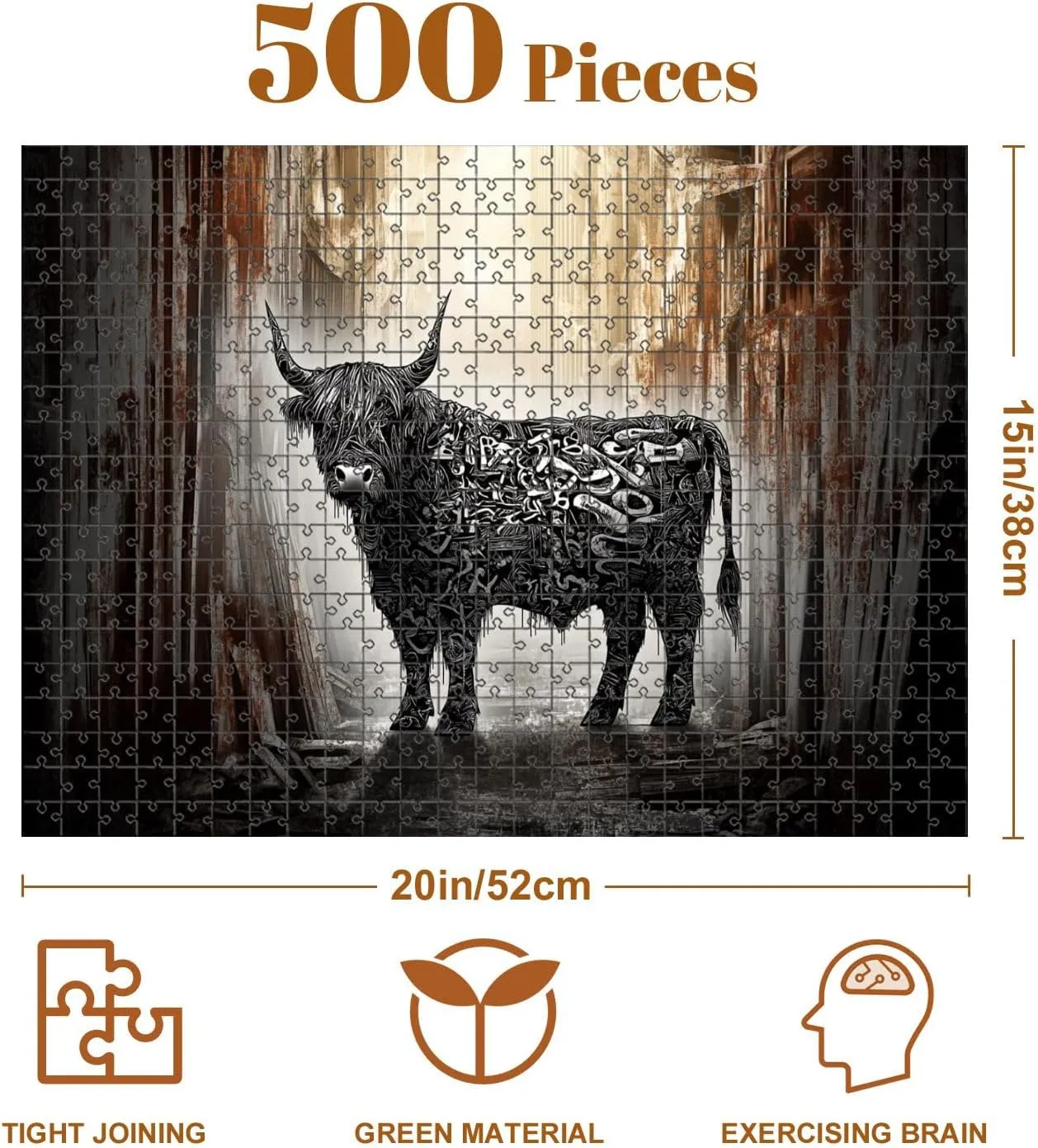 Jigsaw Puzzles 500 Pieces for Adult Dystopian Street Art Black White Highland Cow Graffiti Alley Puzzle Game for Family Wooden Puzzle Toy Educational Games Puzzles for Home Decor