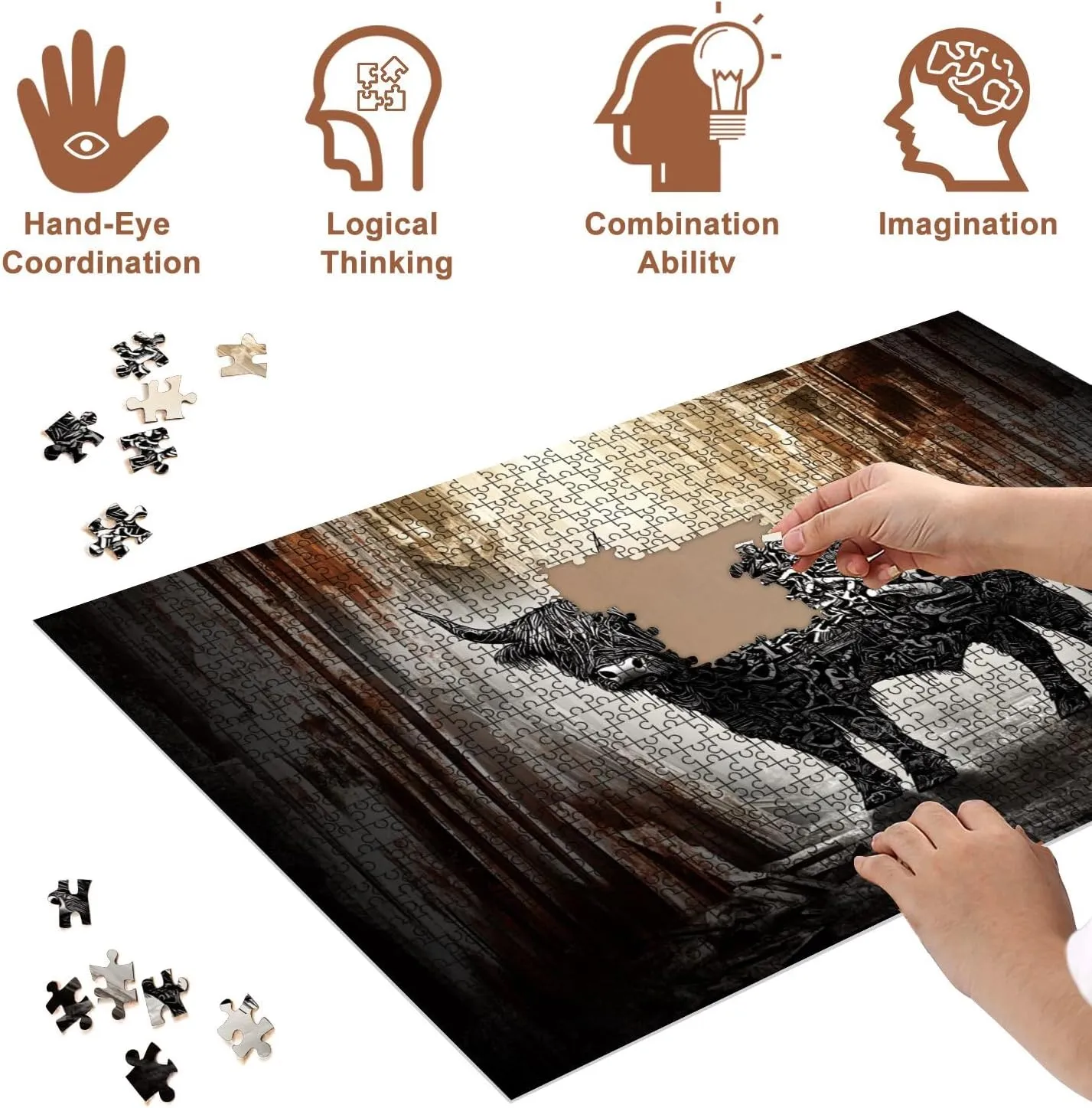 Jigsaw Puzzles 500 Pieces for Adult Dystopian Street Art Black White Highland Cow Graffiti Alley Puzzle Game for Family Wooden Puzzle Toy Educational Games Puzzles for Home Decor