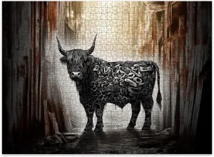 Jigsaw Puzzles 500 Pieces for Adult Dystopian Street Art Black White Highland Cow Graffiti Alley Puzzle Game for Family Wooden Puzzle Toy Educational Games Puzzles for Home Decor