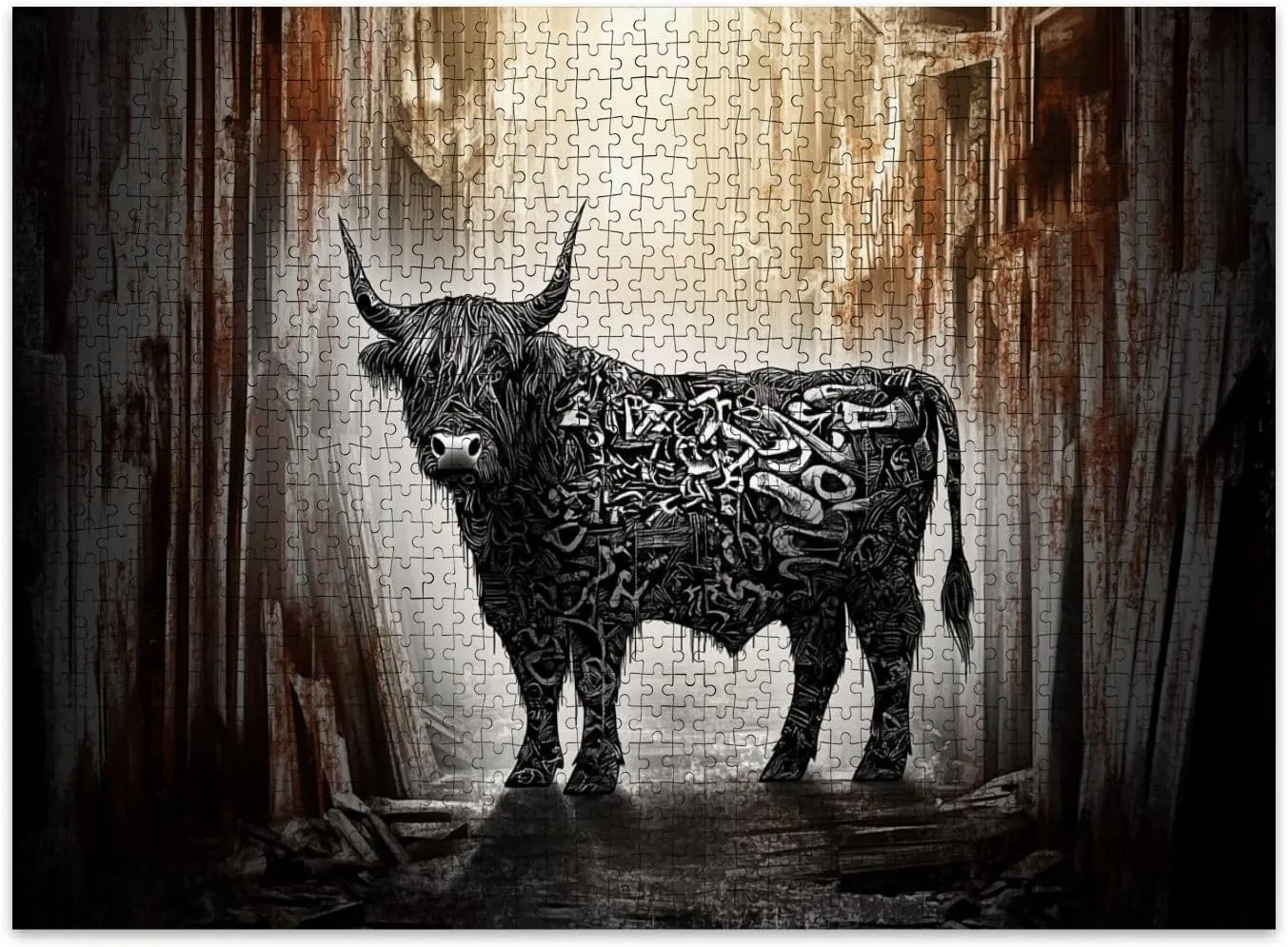 Jigsaw Puzzles 500 Pieces for Adult Dystopian Street Art Black White Highland Cow Graffiti Alley Puzzle Game for Family Wooden Puzzle Toy Educational Games Puzzles for Home Decor