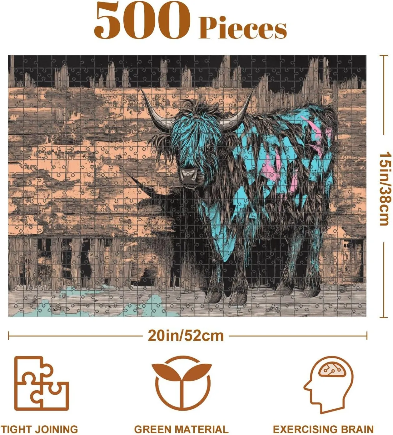Jigsaw Puzzles 500 Pieces for Adult Highland Cow Street Art Bold Brushstrokes Spray Paint Puzzle Game for Family Wooden Puzzle Toy Educational Games Puzzles for Home Decor