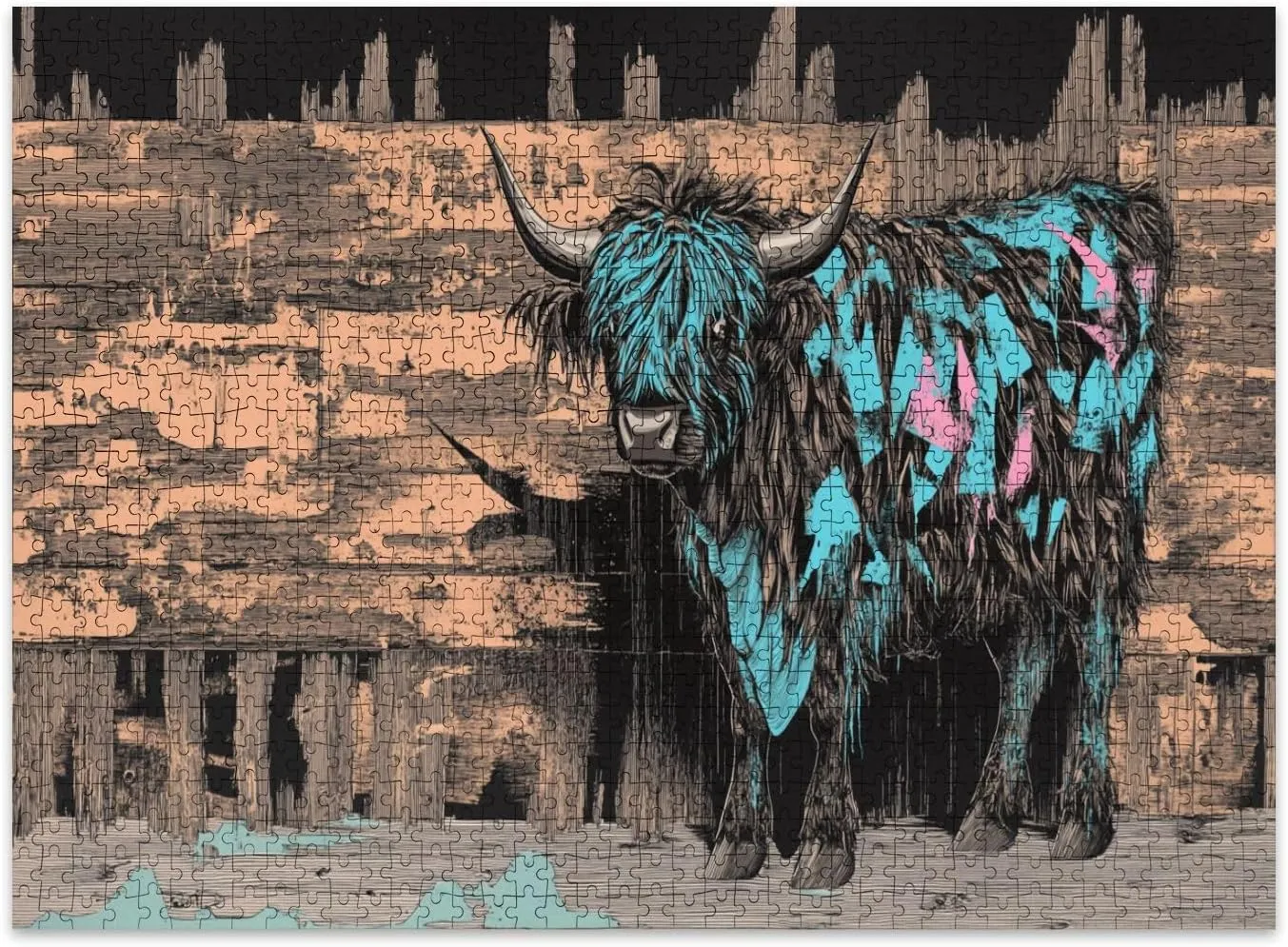 Jigsaw Puzzles 500 Pieces for Adult Highland Cow Street Art Bold Brushstrokes Spray Paint Puzzle Game for Family Wooden Puzzle Toy Educational Games Puzzles for Home Decor