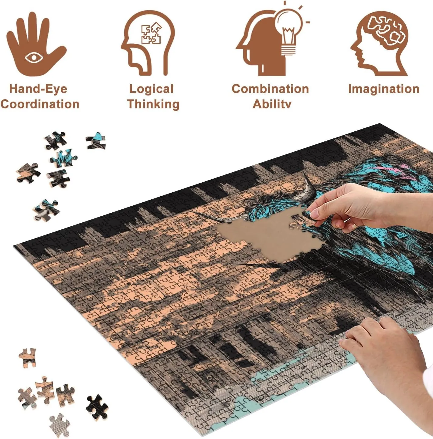 Jigsaw Puzzles 500 Pieces for Adult Highland Cow Street Art Bold Brushstrokes Spray Paint Puzzle Game for Family Wooden Puzzle Toy Educational Games Puzzles for Home Decor