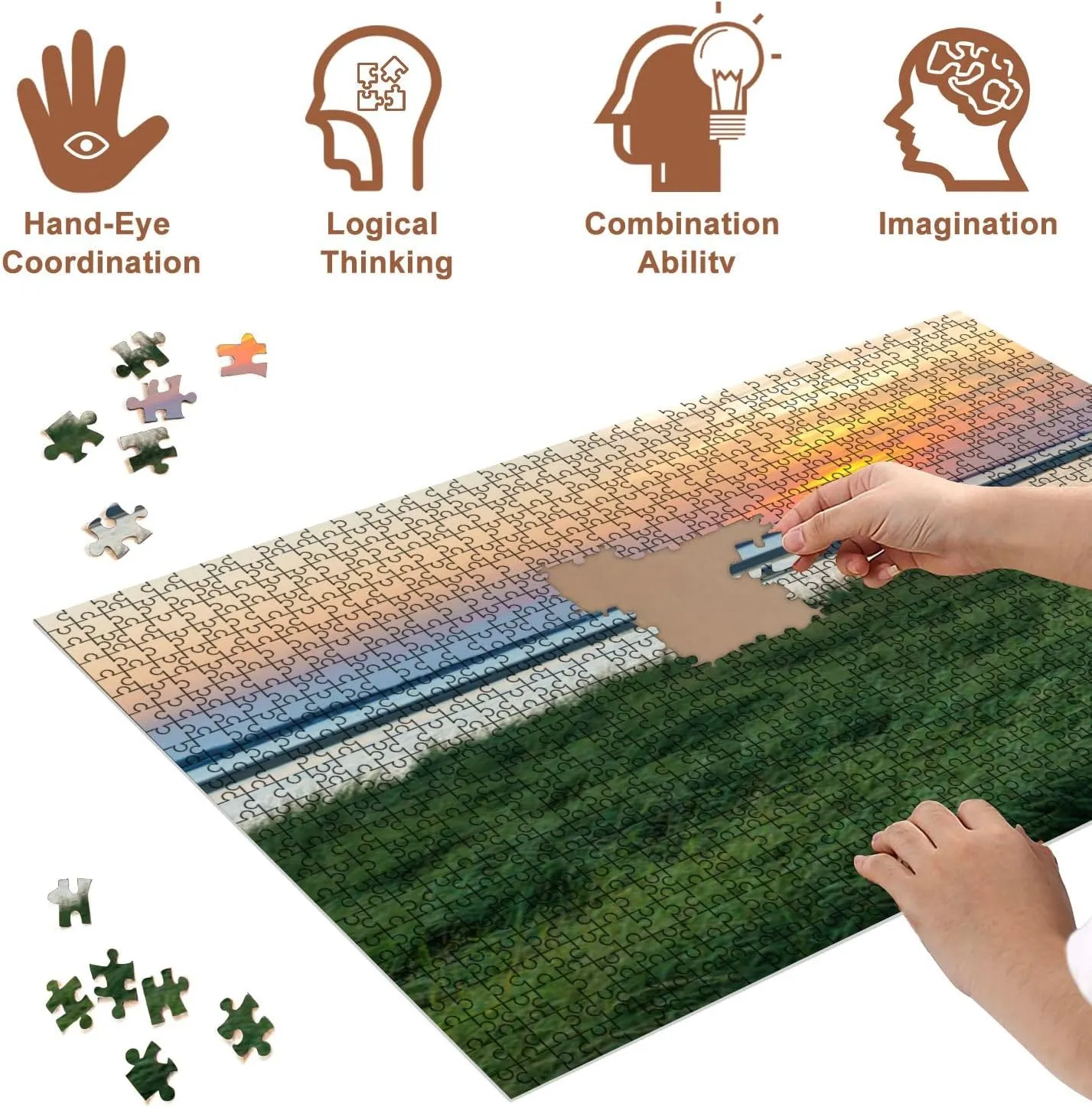 Jigsaw Puzzles 500 Pieces for Adult Seagrass Sunset Puzzle Game for Family Wooden Puzzle Toy Educational Games Puzzles for Home Decor