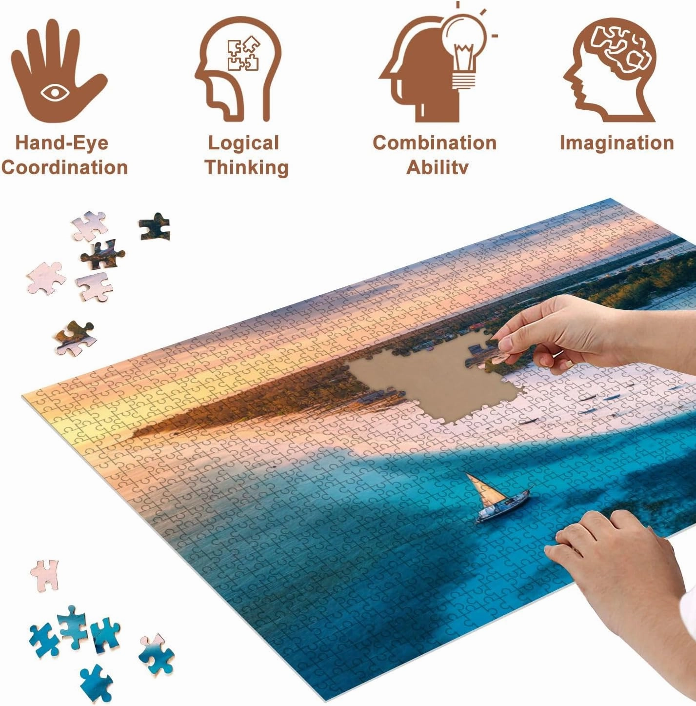 Jigsaw Puzzles 500 Pieces for Adult Aerial View Fishing Boats Tropical sea Coast Beach Sunset Summer Puzzle Game for Family Wooden Puzzle Toy Educational Games Puzzles for Home Decor