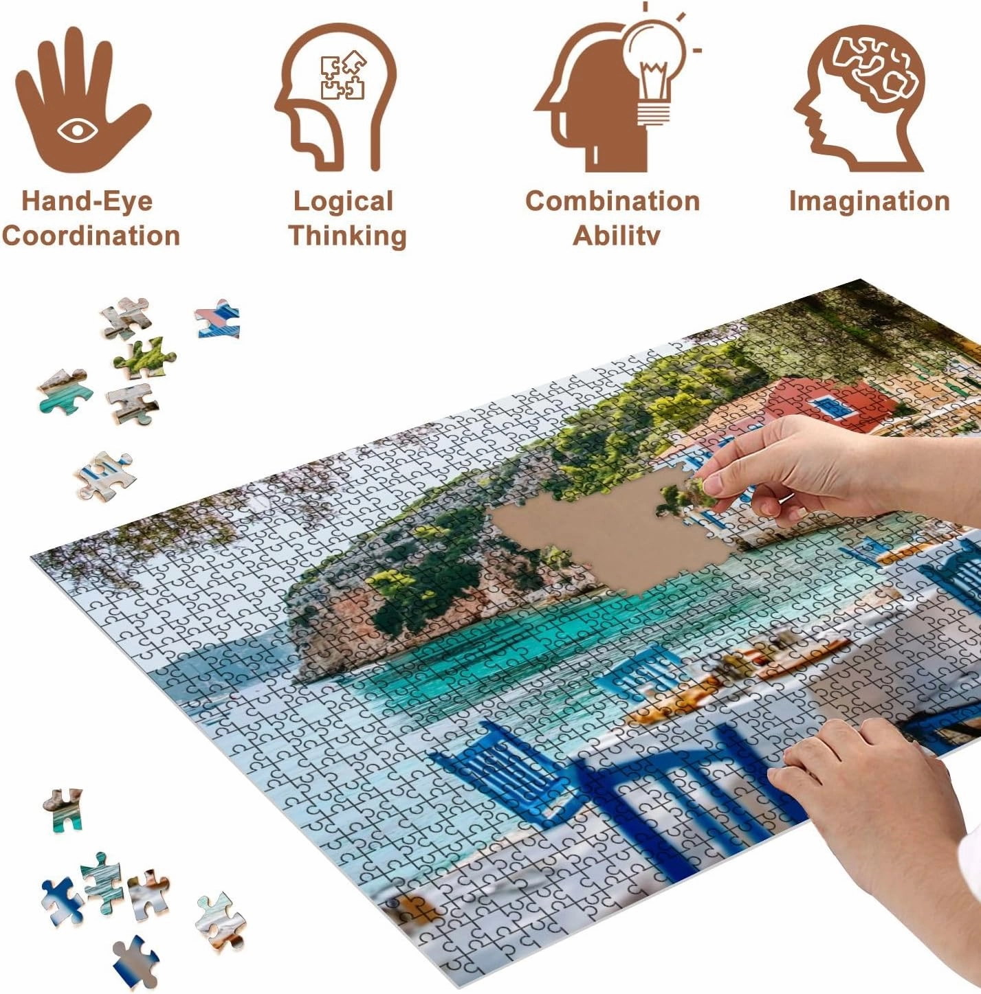 Jigsaw Puzzles 500 Pieces for Adult Table Greek Tavern Assos Fishing Village Kefalonia Island Greece Puzzle Game for Family Wooden Puzzle Toy Educational Games Puzzles for Home Decor