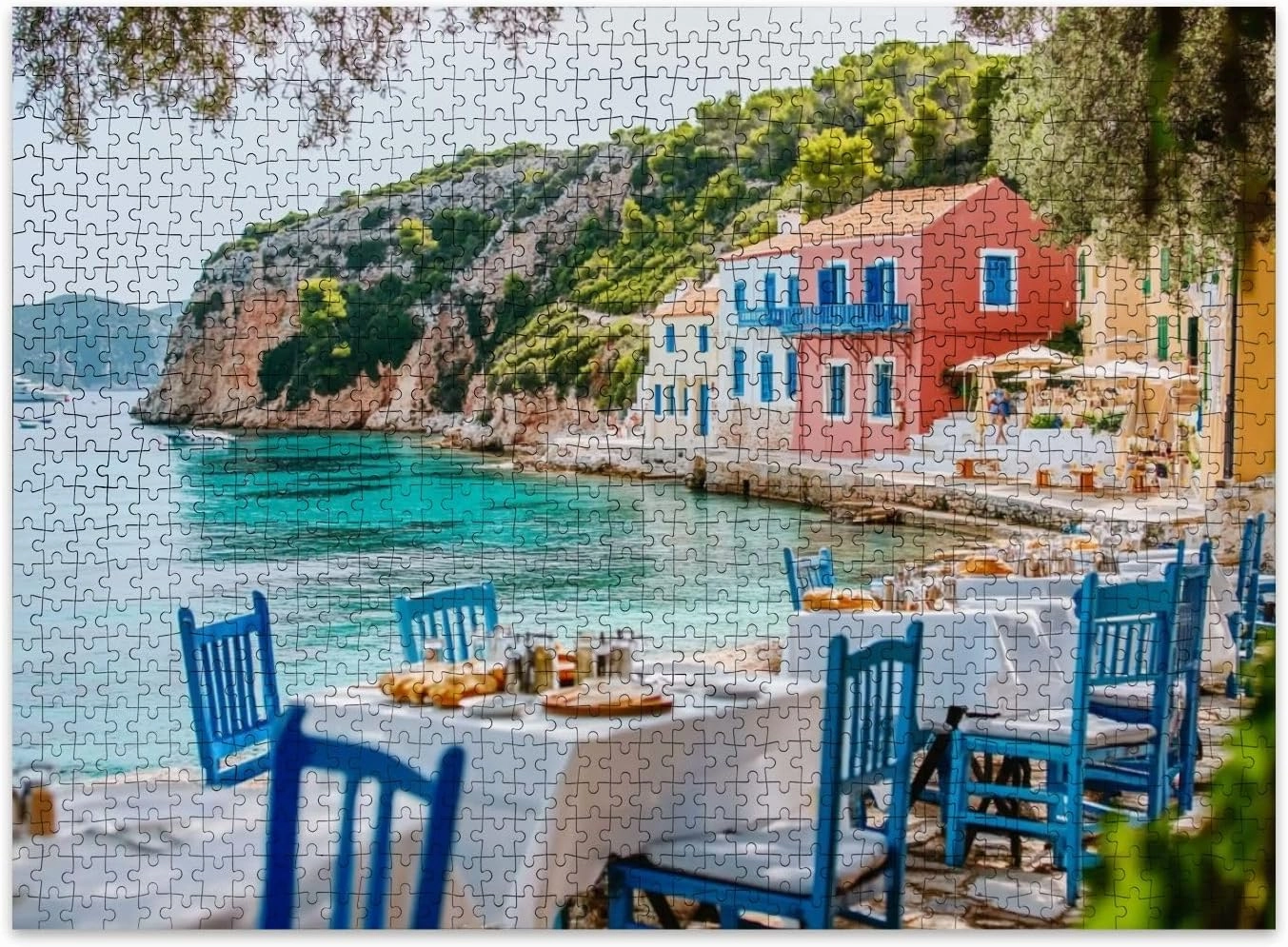 Jigsaw Puzzles 500 Pieces for Adult Table Greek Tavern Assos Fishing Village Kefalonia Island Greece Puzzle Game for Family Wooden Puzzle Toy Educational Games Puzzles for Home Decor