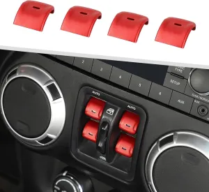 Jimen for JK Window Button Covers, 4PCS Center Console Window Switch Cover Interior Trim Kits Compatible with Jeep Wrangler JK & Unlimited 2012-2018, Aluminum Alloy (Red)