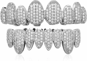 JINAO Diamond Grillz for Your Teeth 14K Gold Plated Iced Out CZ Teeth 8 Top 8 Bottom Mouth Grills Set for Men Women Hip Hop