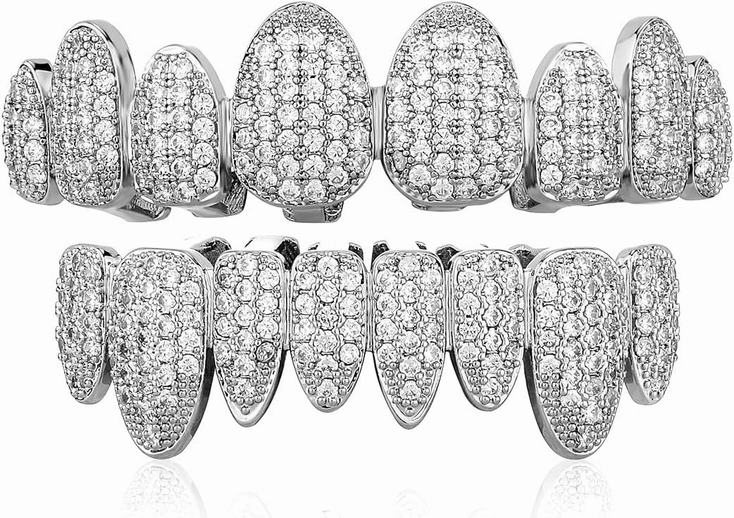 JINAO Diamond Grillz for Your Teeth 14K Gold Plated Iced Out CZ Teeth 8 Top 8 Bottom Mouth Grills Set for Men Women Hip Hop